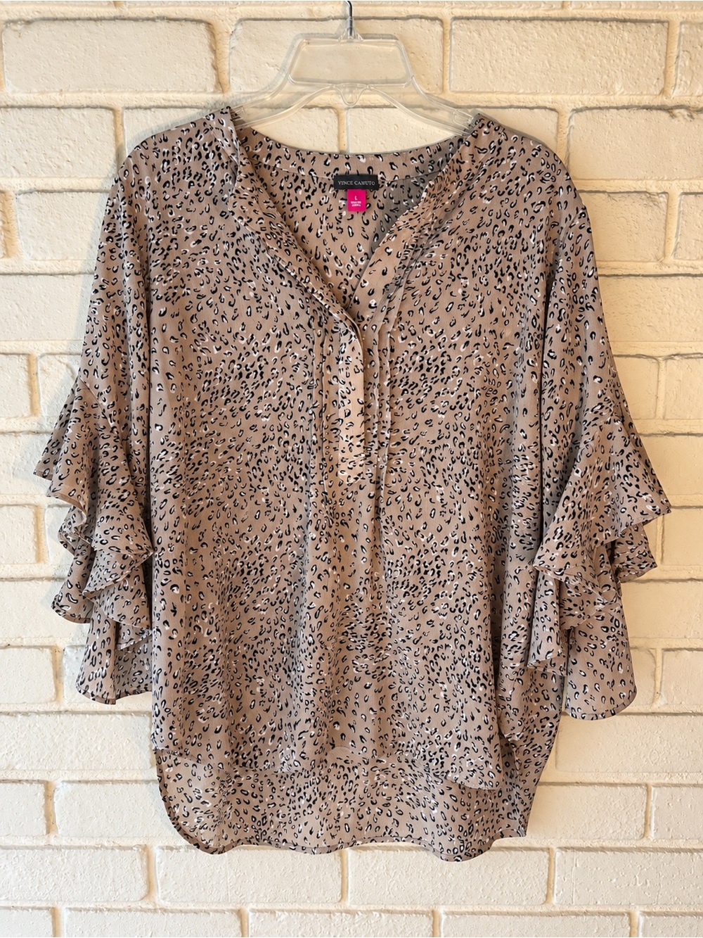 Vince Camuto Taupe & Black Animal Print Ruffle Sleeve Blouse
